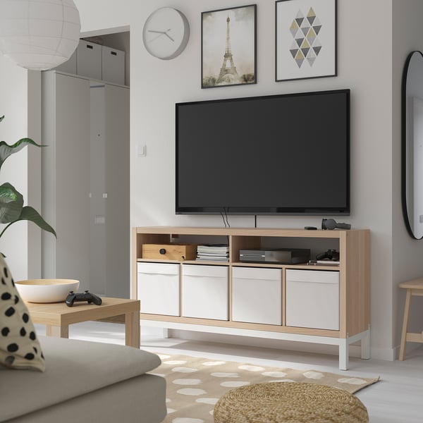 KALLAX tv bench with underframe, white stained oak effect, 147x39x78 cm