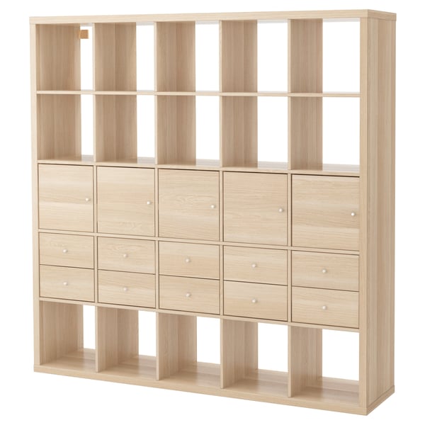 KALLAX shelving unit with 10 inserts, white stained oak effect, 182x182 cm