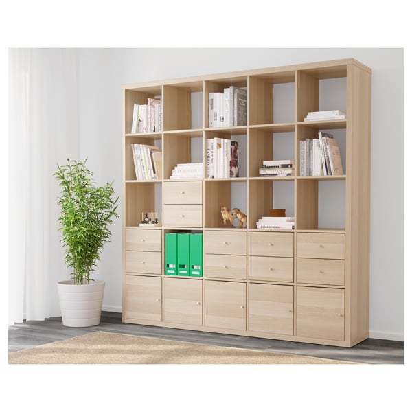 KALLAX shelving unit with 10 inserts, white stained oak effect, 182x182 cm