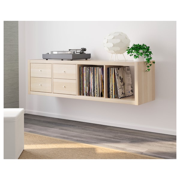 KALLAX - Shelving unit with 2 inserts, with 4 drawers/white stained oak effect, 147x42 cm