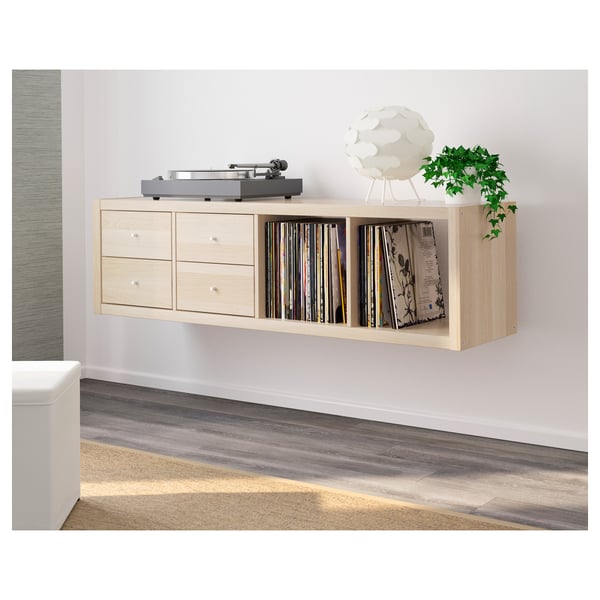 KALLAX shelving unit with 2 inserts, with 4 drawers/white stained oak effect, 147x42 cm
