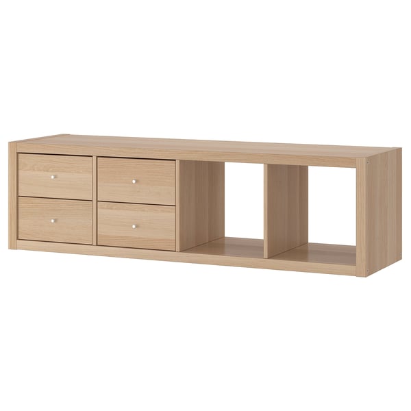 KALLAX shelving unit with 2 inserts, with 4 drawers/white stained oak effect, 147x42 cm