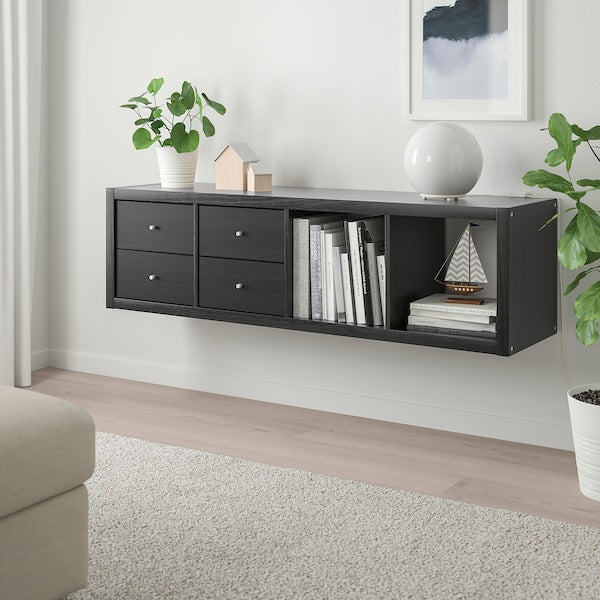 KALLAX - Shelving unit with 2 inserts, with 4 drawers/black-brown, 147x42 cm