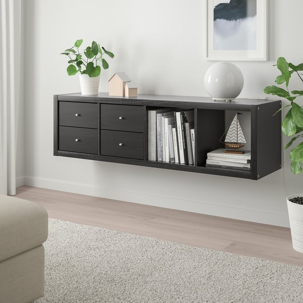 KALLAX shelving unit with 2 inserts, with 4 drawers/black-brown, 147x42 cm