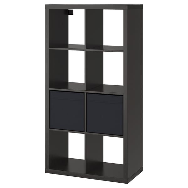KALLAX shelving unit with 2 inserts, black-brown, 77x147 cm