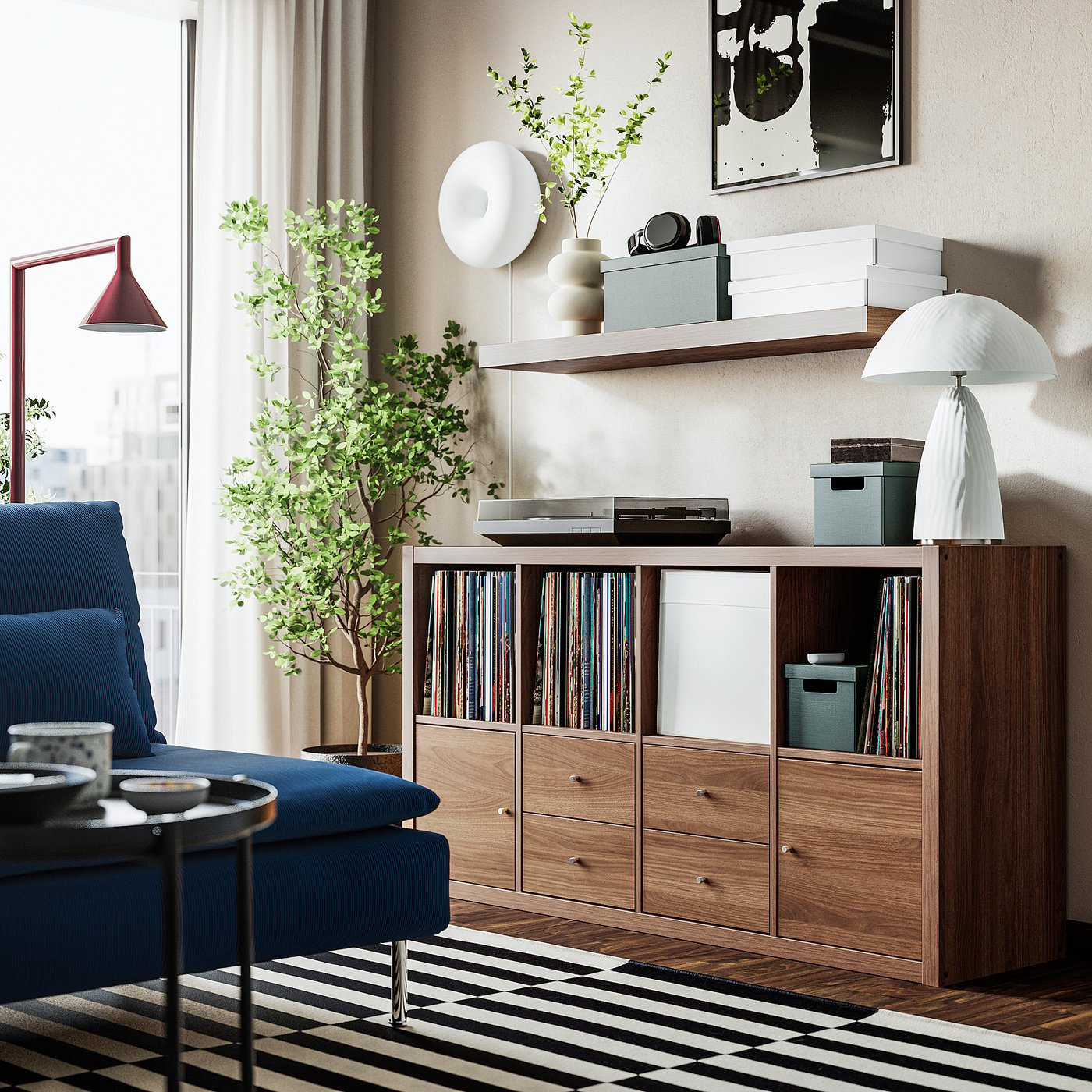 KALLAX shelving unit, with 2 doors/4 drawers/brown walnut effect, 147x77 cm