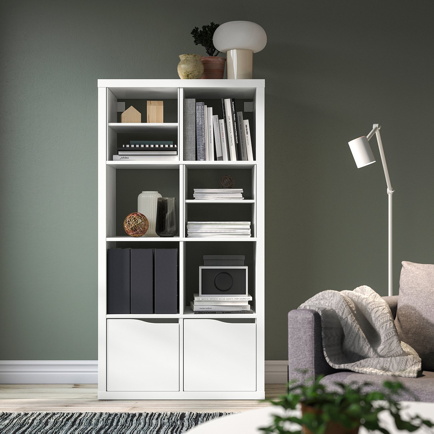 KALLAX shelving unit, with 2 doors with 2 shelf inserts/wave shaped white, 147x77 cm