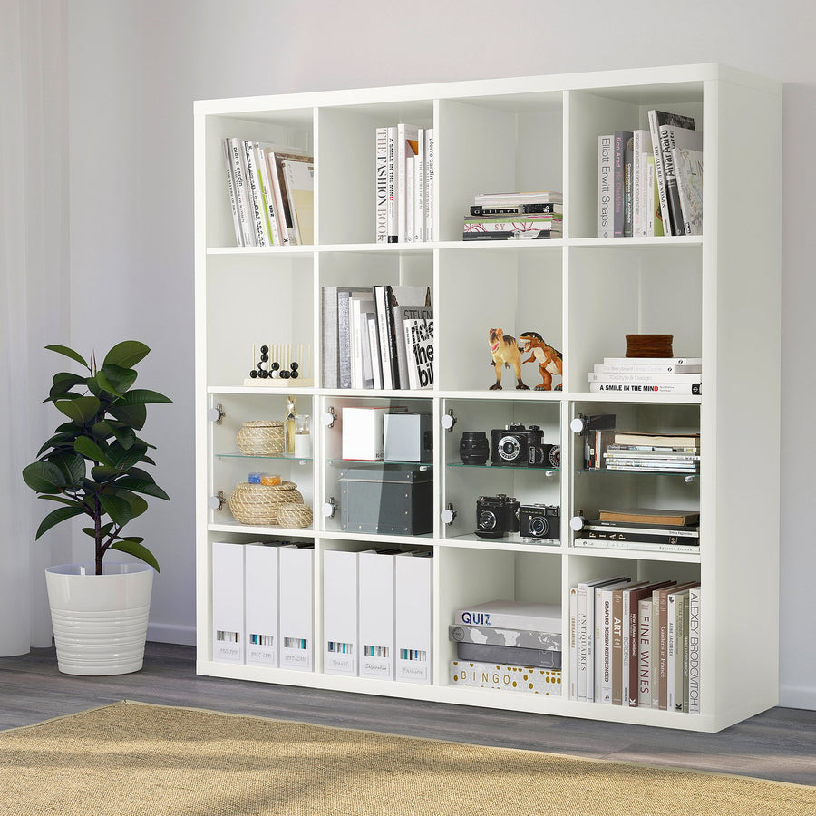KALLAX shelving unit with 4 inserts, white/glass, 147x147 cm