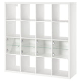 KALLAX shelving unit with 4 inserts, white/glass, 147x147 cm