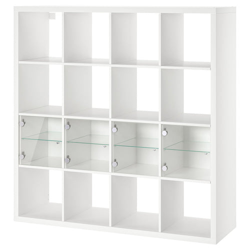 KALLAX shelving unit with 4 inserts, white/glass, 147.0x146.5x39 cm