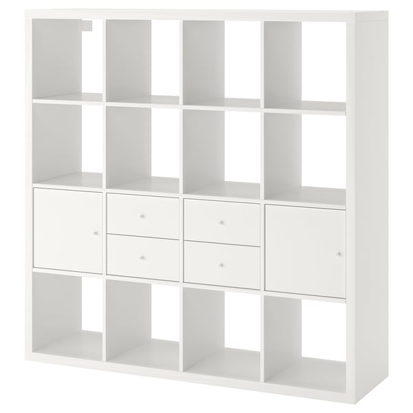 KALLAX shelving unit with 4 inserts, white, 147x147 cm