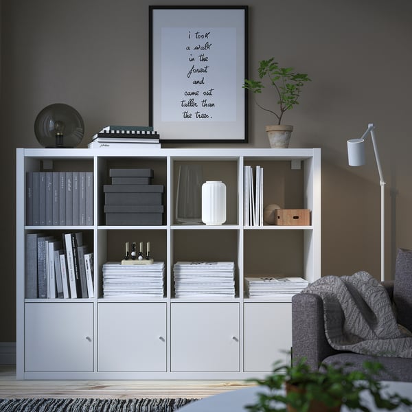 KALLAX shelving unit with 4 inserts, white, 147x112 cm