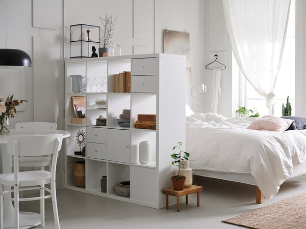 KALLAX shelving unit with 4 inserts, white, 147x147 cm