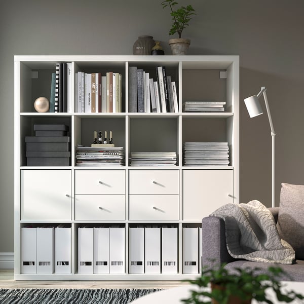 KALLAX shelving unit with 4 inserts, white, 147x147 cm