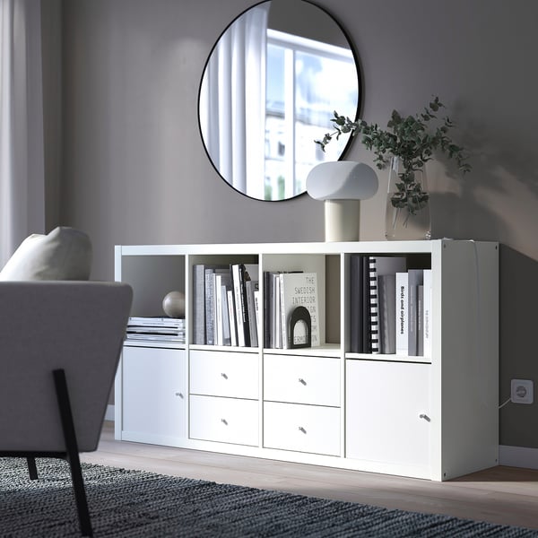 KALLAX shelving unit with 4 inserts, white, 147x77 cm