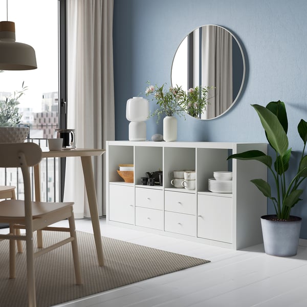 KALLAX shelving unit with 4 inserts, white, 147x77 cm