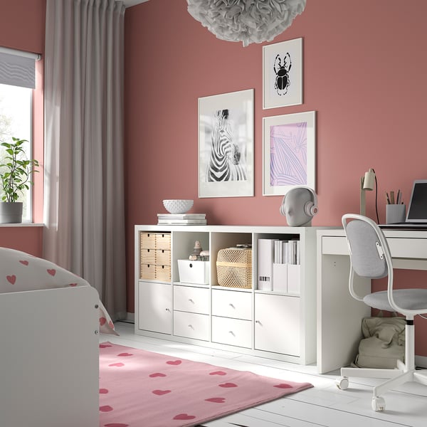 KALLAX shelving unit with 4 inserts, white, 147x77 cm