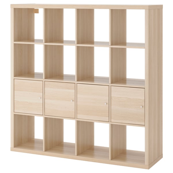 KALLAX shelving unit with 4 inserts, white stained oak effect, 147x147 cm