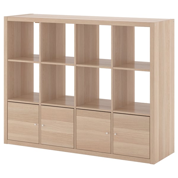 KALLAX shelving unit with 4 inserts, white stained oak effect, 147x112 cm