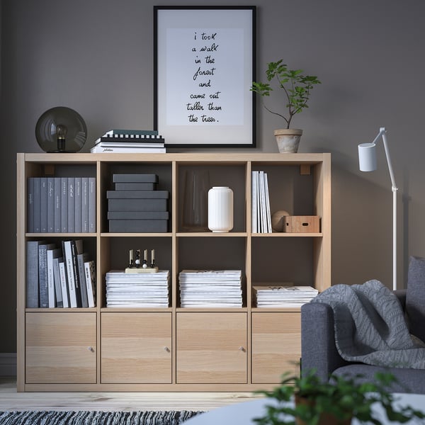 KALLAX shelving unit with 4 inserts, white stained oak effect, 147x112 cm