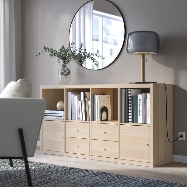 KALLAX shelving unit with 4 inserts, white stained oak effect, 147x77 cm