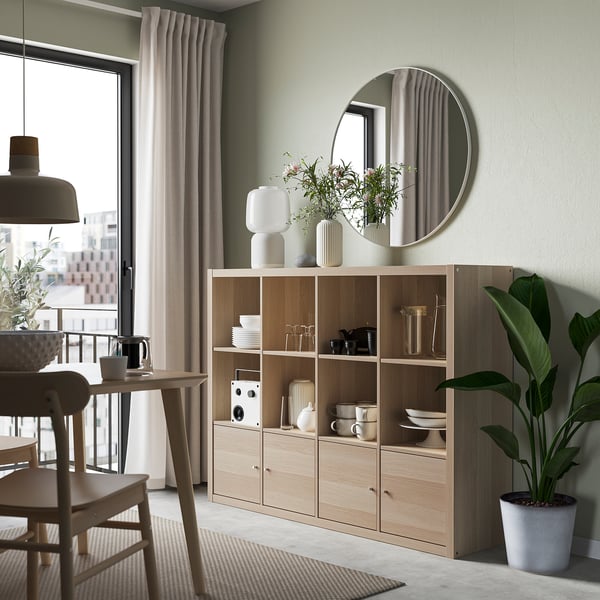 KALLAX shelving unit with 4 inserts, white stained oak effect, 147x112 cm