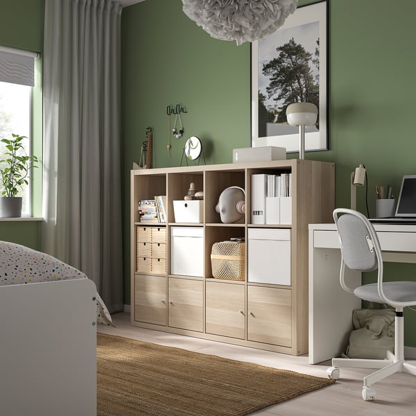 KALLAX shelving unit with 4 inserts, white stained oak effect, 147x112 cm