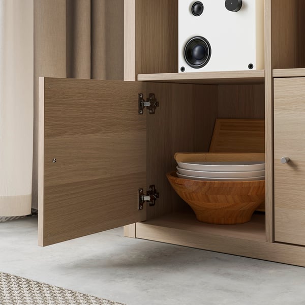 KALLAX shelving unit with 4 inserts, white stained oak effect, 147x112 cm