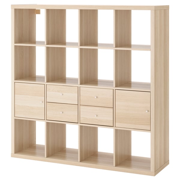 KALLAX shelving unit with 4 inserts, white stained oak effect, 147x147 cm
