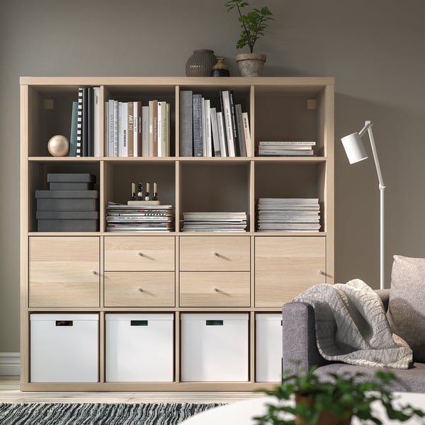 KALLAX shelving unit with 4 inserts, white stained oak effect, 147x147 cm