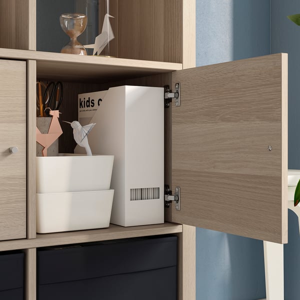KALLAX shelving unit with 4 inserts, white stained oak effect, 147x147 cm