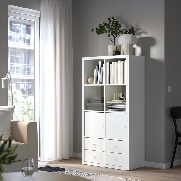 KALLAX shelving unit with 4 inserts, high-gloss/white, 147x77 cm