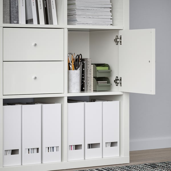 KALLAX shelving unit with 4 inserts, high-gloss/white, 147x147 cm