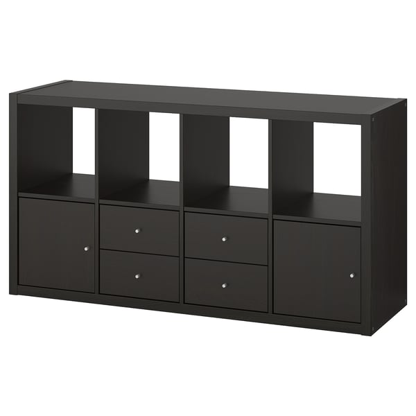 KALLAX shelving unit with 4 inserts, black-brown, 147x77 cm