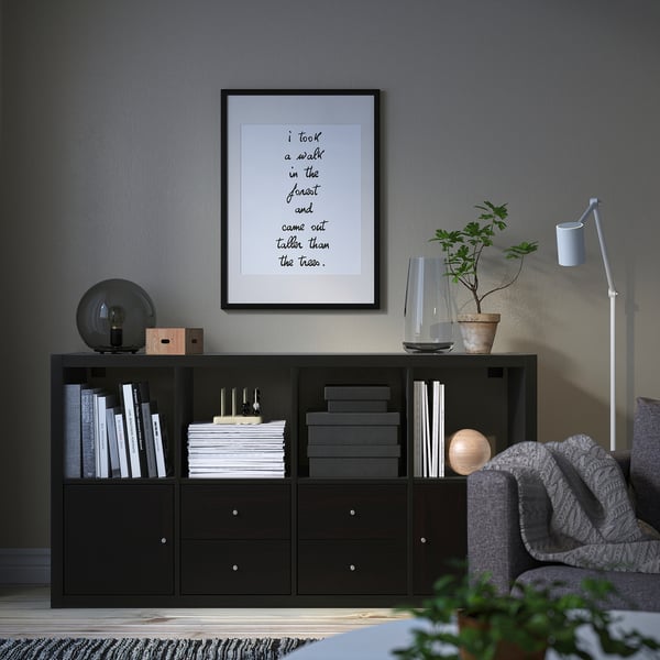 KALLAX shelving unit with 4 inserts, black-brown, 147x77 cm