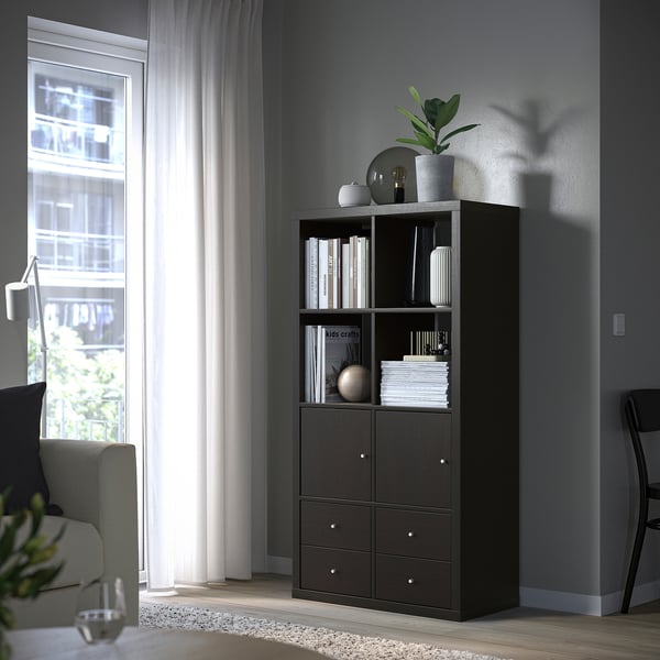 KALLAX shelving unit with 4 inserts, black-brown, 147x77 cm