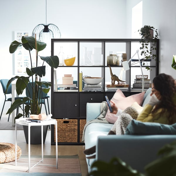 KALLAX shelving unit with 4 inserts, black-brown, 147x147 cm