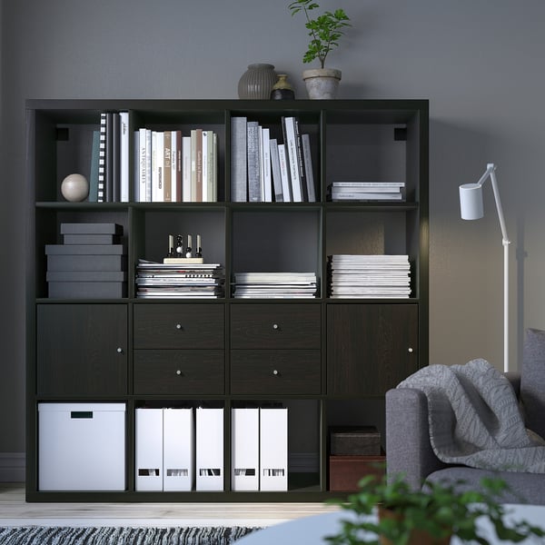 KALLAX - KALLAX Shelving unit with 4 inserts, black-brown, 147x147 cm