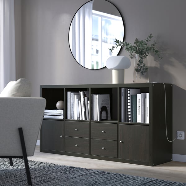 KALLAX shelving unit with 4 inserts, black-brown, 147x77 cm