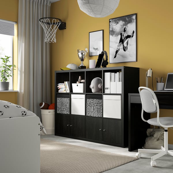 KALLAX shelving unit with 4 inserts, black-brown, 147x112 cm