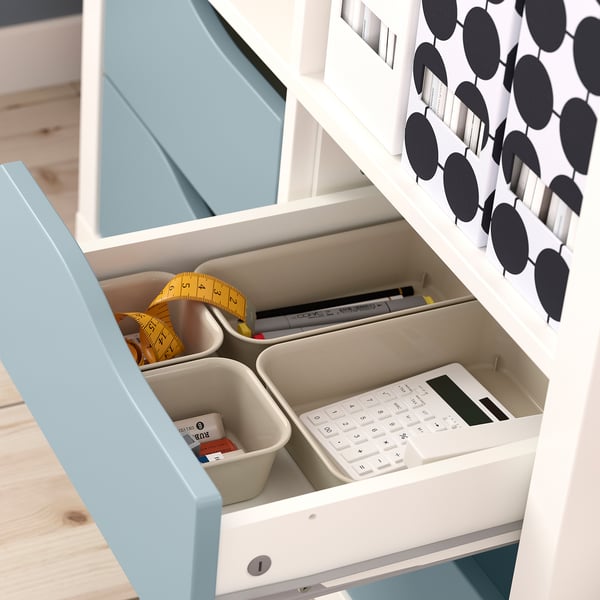 KALLAX shelving unit, with 4 drawers white/light grey-blue wave shaped, 77x77 cm