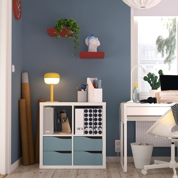 KALLAX shelving unit, with 4 drawers white/light grey-blue wave shaped, 77x77 cm