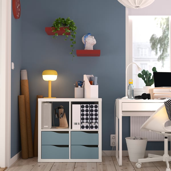 KALLAX shelving unit, with 4 drawers white/light grey-blue wave shaped, 77x77 cm