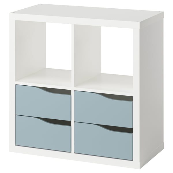 KALLAX shelving unit, with 4 drawers white/light grey-blue wave shaped, 77x77 cm