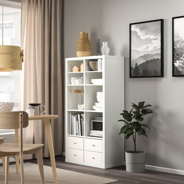 KALLAX shelving unit, with 4 drawers/with 2 shelf inserts white, 147x77 cm