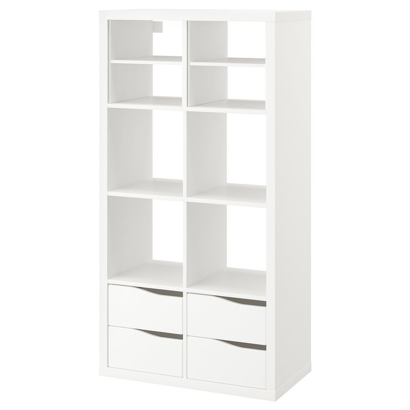 KALLAX shelving unit, with 4 drawers with 2 shelf inserts/wave shaped white, 147x77 cm