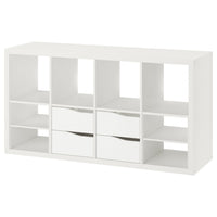 KALLAX shelving unit, with 4 drawers with 2 shelf inserts/wave shaped white, 147x77 cm