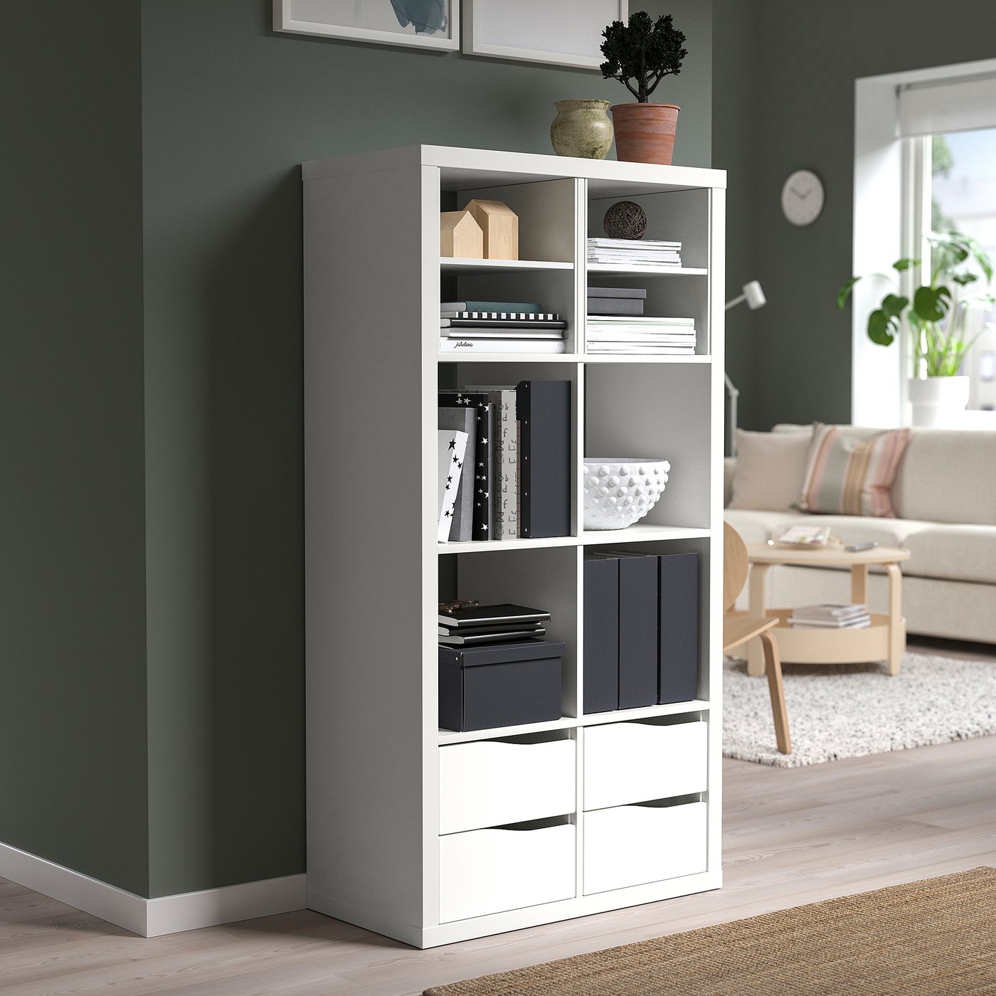 KALLAX shelving unit, with 4 drawers with 2 shelf inserts/wave shaped white, 147x77 cm
