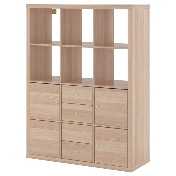 KALLAX shelving unit with 6 inserts, white stained oak effect, 112x147 cm
