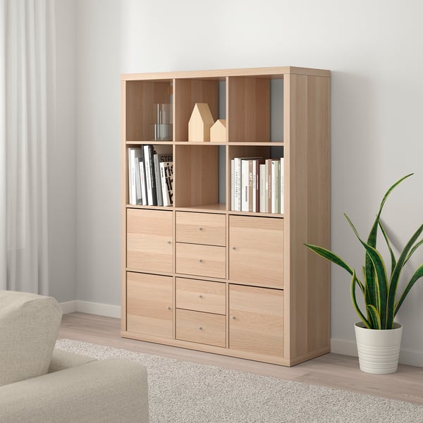 KALLAX shelving unit with 6 inserts, white stained oak effect, 112x147 cm